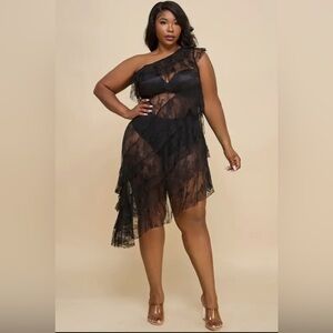 🟠 385B-BLACK. Elegant Lace One-Shoulder Dress